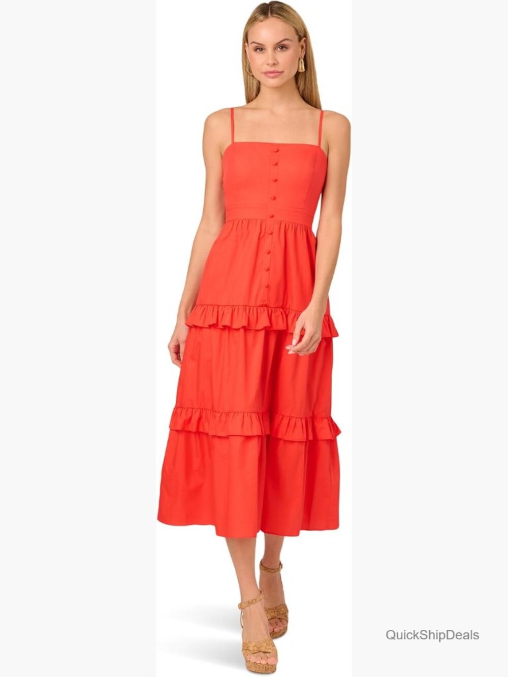 Solid Tiered Midi Dress with Ruffled Trim Square Neck